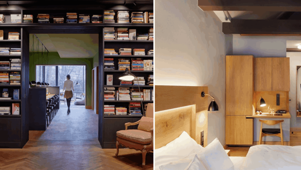 Zweigeteiltes Bild vom Hotel Wedina in Hamburg: Links Bibliothek, rechts ein Zimmer