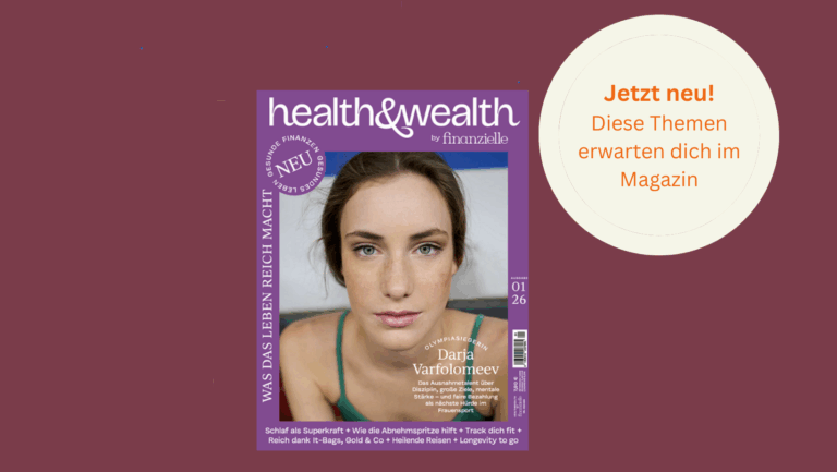 Eine Grafik, auf der das Cover des neuen Magazins health & wealth by finanzielle zu sehen ist