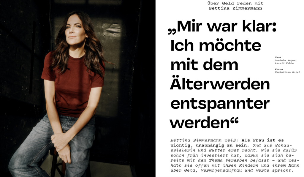 Bettina Zimmermann spricht im Magazin finanzielle über Geld: Man sieht eine Doppelseite des Interviews
