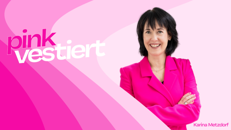 Eine Grafik zur Pinkvestiert-Kolumne von Karina Metzdorf, die die Börsenexpertin auf einem pinken Hintergrund zeigt