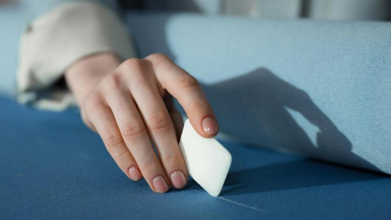 Eine Frauenhand zeichnet mit einem Stück Stoffmalkreide eine Linie auf blauen Stoff