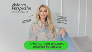 Eine Grafik zur neuen Kolumne von Unternehmerin und Schauspielerin Vivien Wulf: In der Mitte sieht man Wulf, darunter ihr Kolumnen-Thema: Erschöpfung ist kein Karrierekonzept