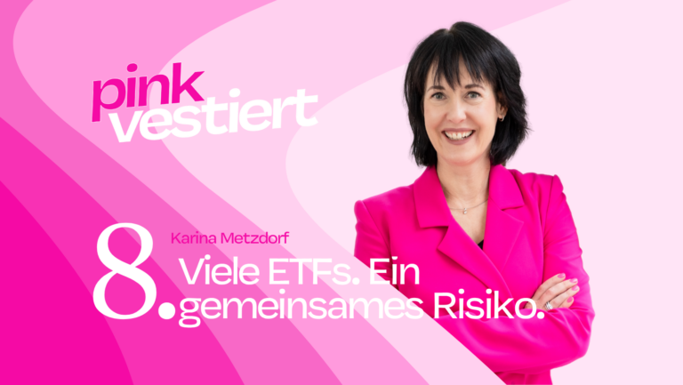 Karina Metzdorf, Finanz-Kolumnistin, als Foto in eine Grafik integriert, die das Thema "Viele ETFs. Ein gemeinsames Risiko." ankündigt.