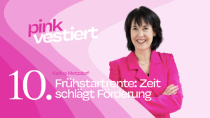 Karina Metzdorf schreibt in ihrer Kolumne für finanzielle zum Thema Frühstartrente. Auf der Grafik sieht man sie und einen Schriftzug: Frühstartrente: Zeit schlägt Förderung