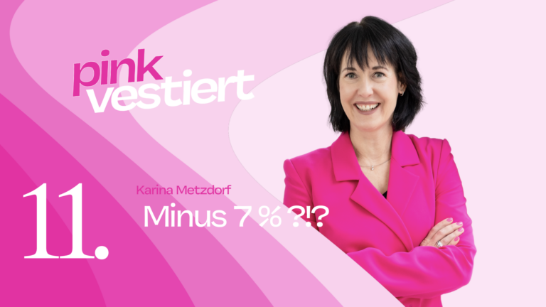 Ein Foto von Börsenexpertin Karina Metzdorf auf einer Grafik. Hier steht: Machen die meisten Aktien Verlust?!?