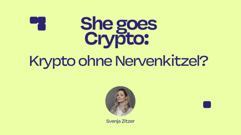 Grafik zur Kolumne "She goes Crypto" von Svenja Zitzer, die i Kreis eingeblendet ist